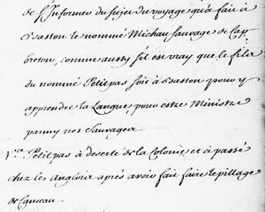 Hyperlinked excerpt from an Online document at LAC - Folio 43 (item 5) refers to the one named Petitpas & his son