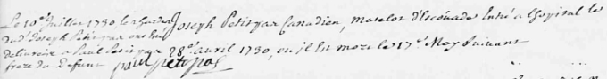 Hyperlinked excerpt of the register about the death of Joseph Petitpas in 1730