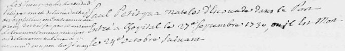 Hyperlinked excerpt of the register about the death of Paul Petitpas in 1730