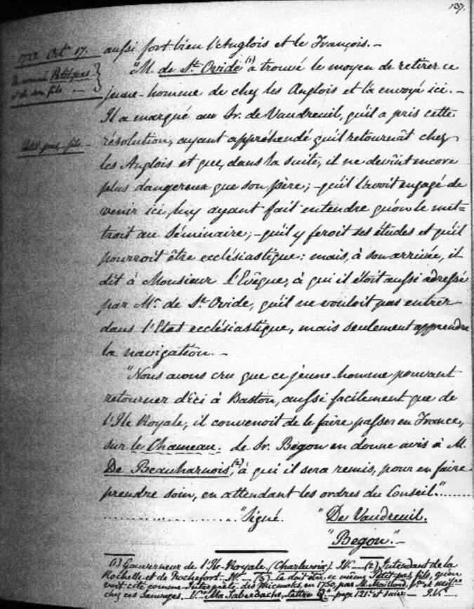 Excerpt of a document from M. Vaudreuil and Begon to the Minister, dated October 17, 1722 about Isidore Petitpas