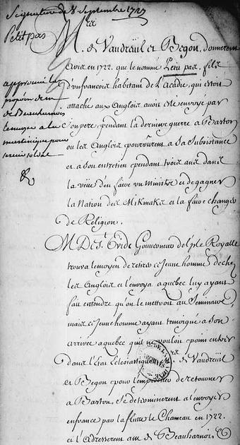 Hyperlinked excerpt of the cover page from an Online 1727 document from LAC about le nommé [ the one named] Petitpas a son of an inhabitant from Acadie