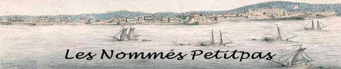 Hyperlinked excerpt view of the town and fort of Annapolis Royal from the bay and with several sailing vessels there. In fancy text, the phrase 'Les Nommés Petitpas' was embedded into this image which is from the Canada-France Archives at Library and Archives Canada (LAC).