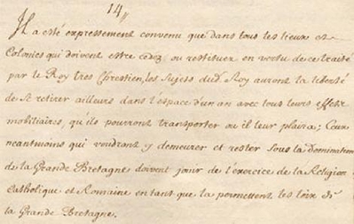 Hyperlinked excerpt from a French Online document at Archives Canada-France of Article XIV from the 1713 Treaty of Utrecht